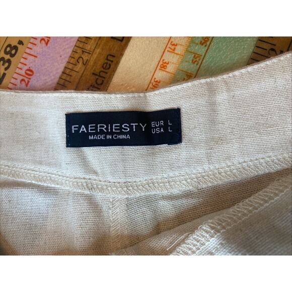 Faeriesty L LINEN Blend Wide Leg Pants Natural Vacation Lagenlook Boho - Picture 5 of 13